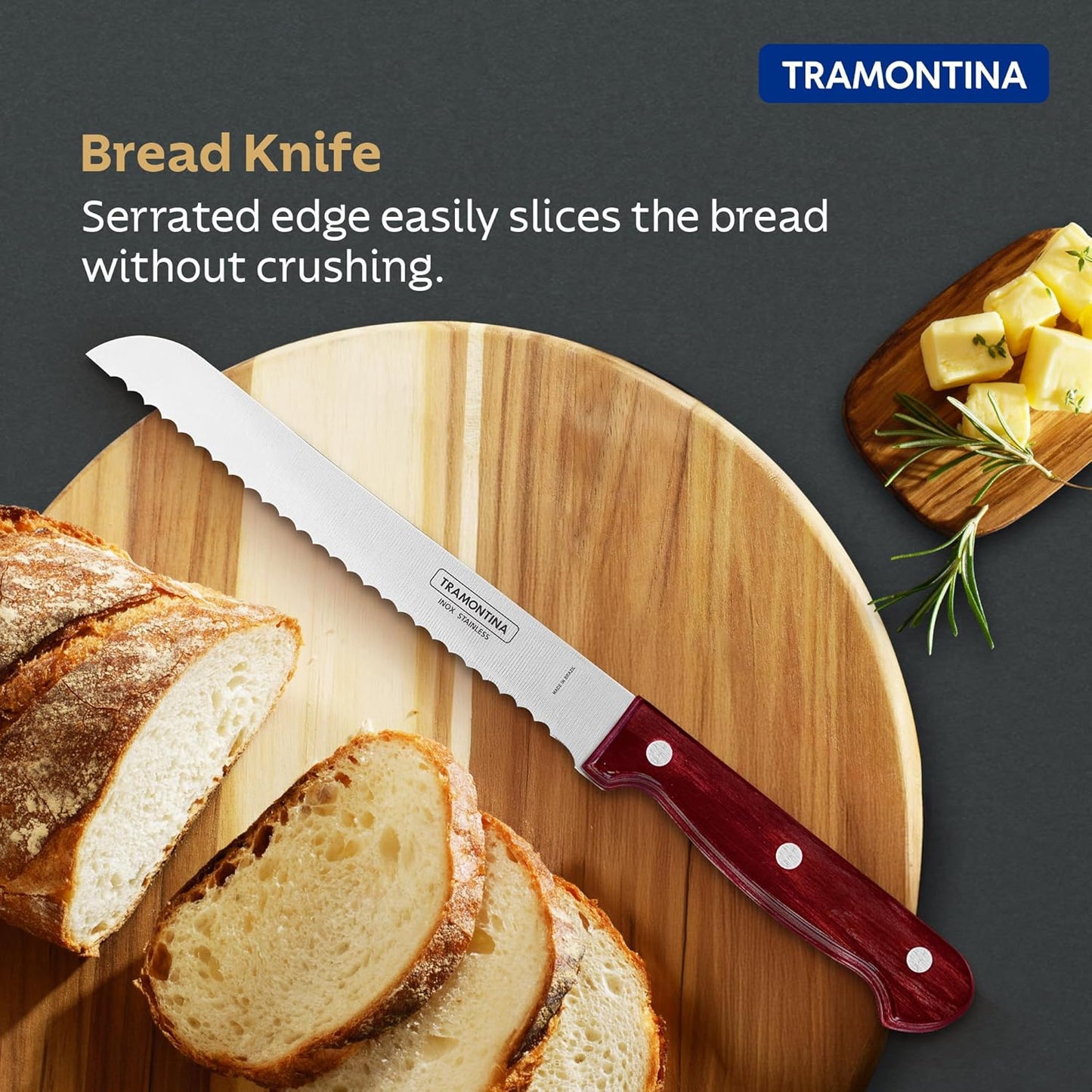 Tramontina Polywood 7 Inch Bread Knife | Serrated Stainless Steel Slicer | Wooden Handle Bakery & Cake Knife