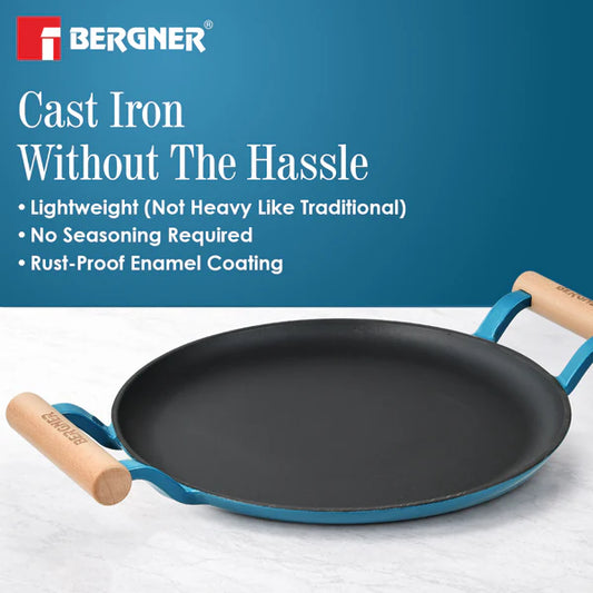 Bergner Excalibur 28cm Cast Iron Dosa Tawa with Double Handles | Blue