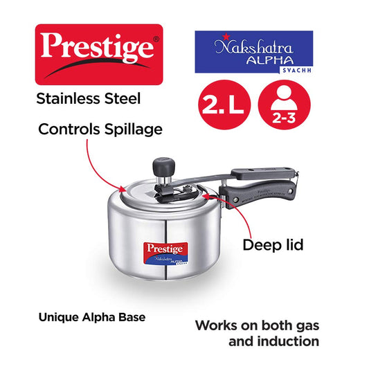 Prestige Svachh Nakshatra Alpha Stainless Steel Pressure Cooker with Deep Lid & Spillage Control | Inner Lid Cooker | Silver