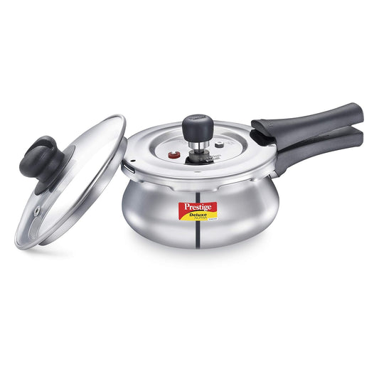 Prestige Deluxe Alpha Svachh Stainless Steel Outer Lid Pressure Cooker 1.5 Liter With Glass Lid(With Deep Lid For Spillage Control)