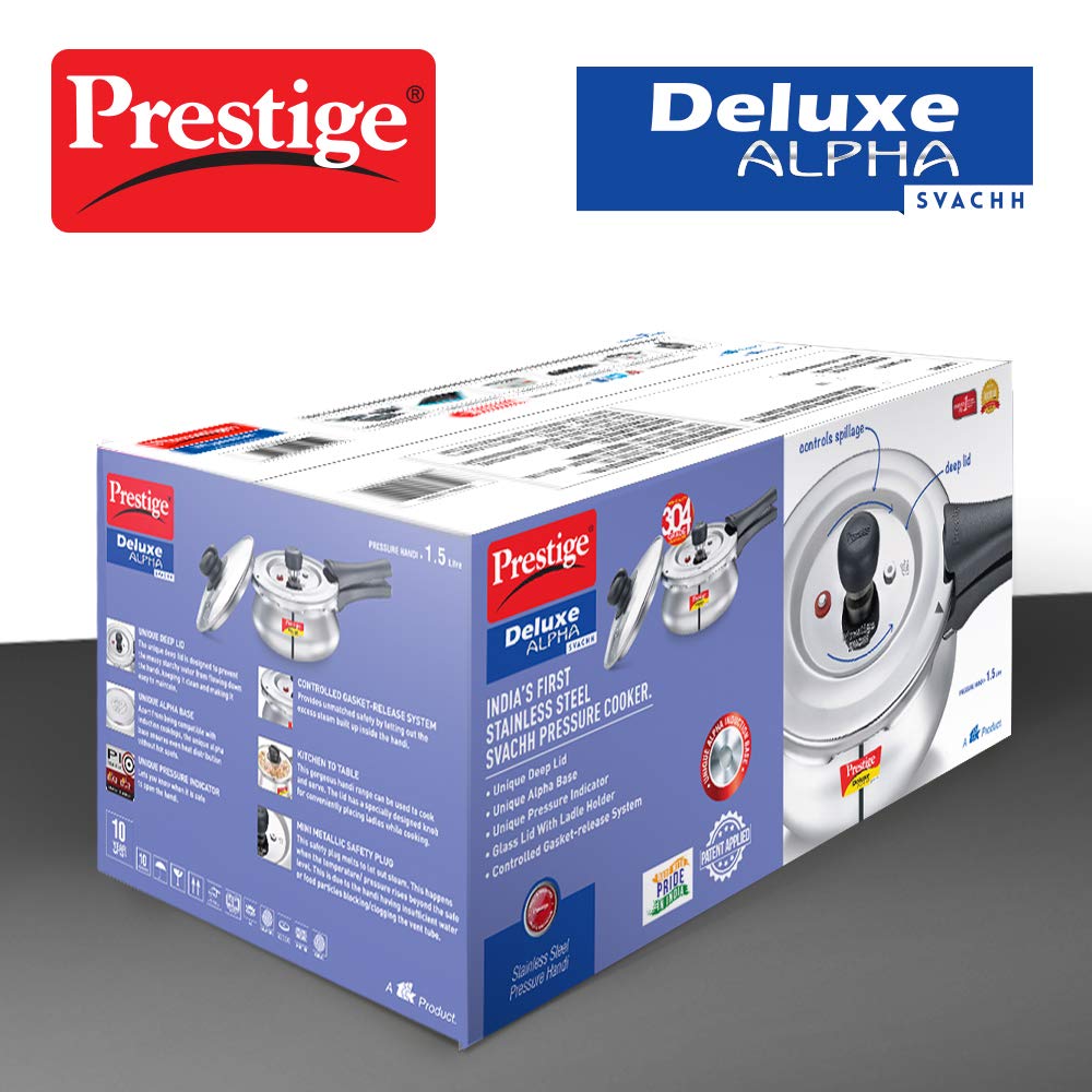Prestige Deluxe Alpha Svachh Stainless Steel Outer Lid Pressure Cooker 1.5 Liter With Glass Lid(With Deep Lid For Spillage Control)
