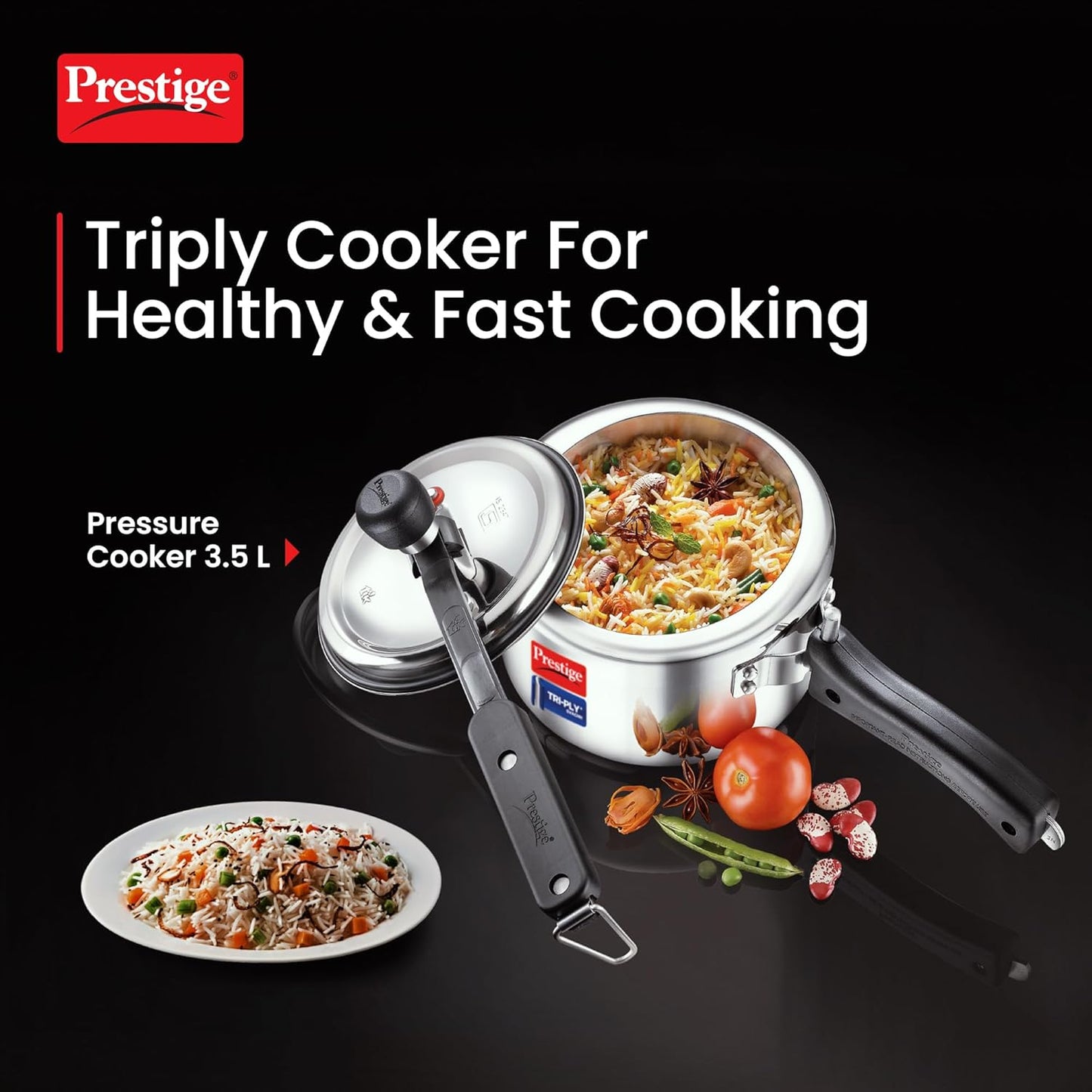 Prestige 3.5 L Tri-Ply Svachh Inner Lid Pressure Cooker| Gas and Induction Compatible| Spillage Control| Even Heat Distribution| Low Cooking Oil| Faster Cooking| 5 Years Warranty| Silver