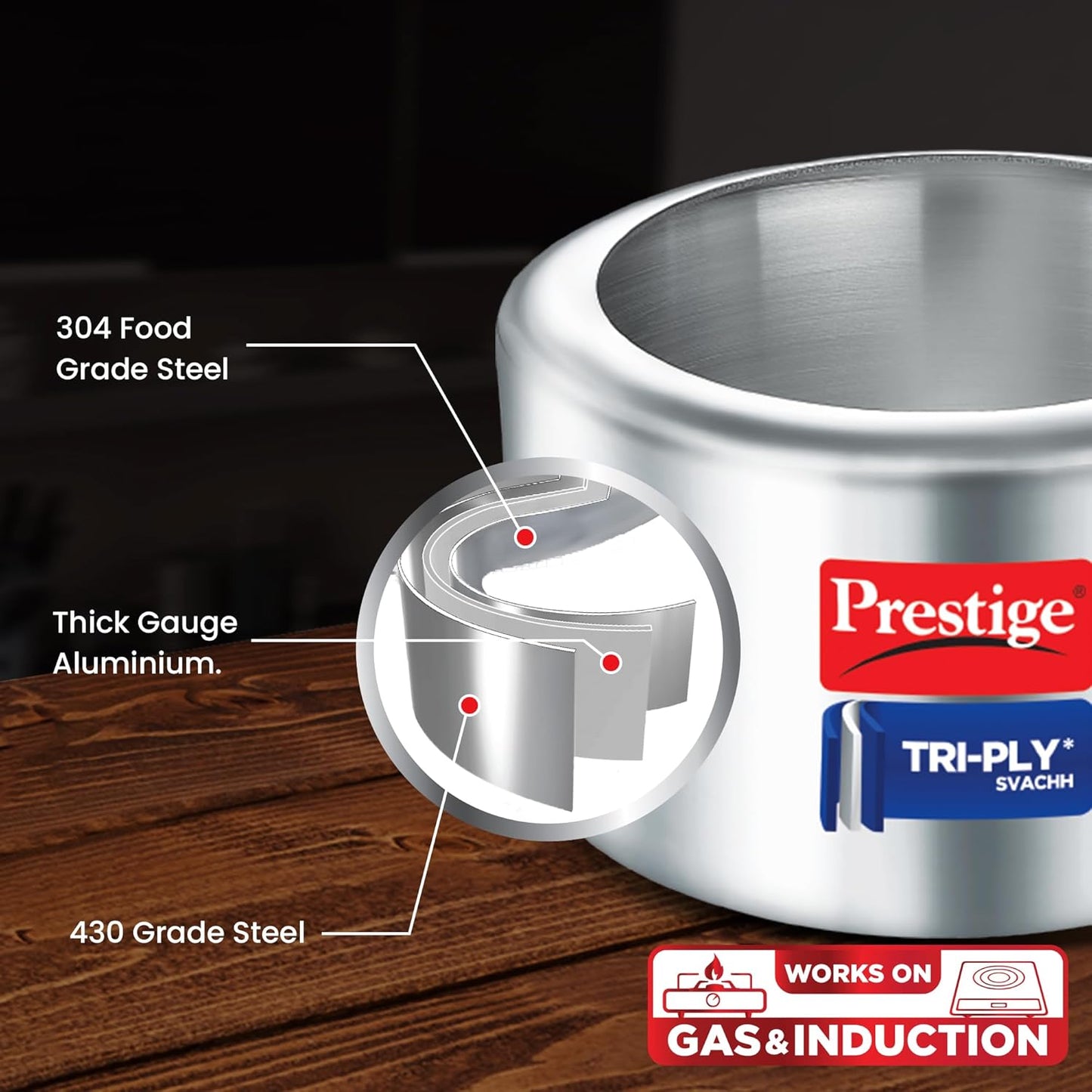 Prestige 3.5 L Tri-Ply Svachh Inner Lid Pressure Cooker| Gas and Induction Compatible| Spillage Control| Even Heat Distribution| Low Cooking Oil| Faster Cooking| 5 Years Warranty| Silver