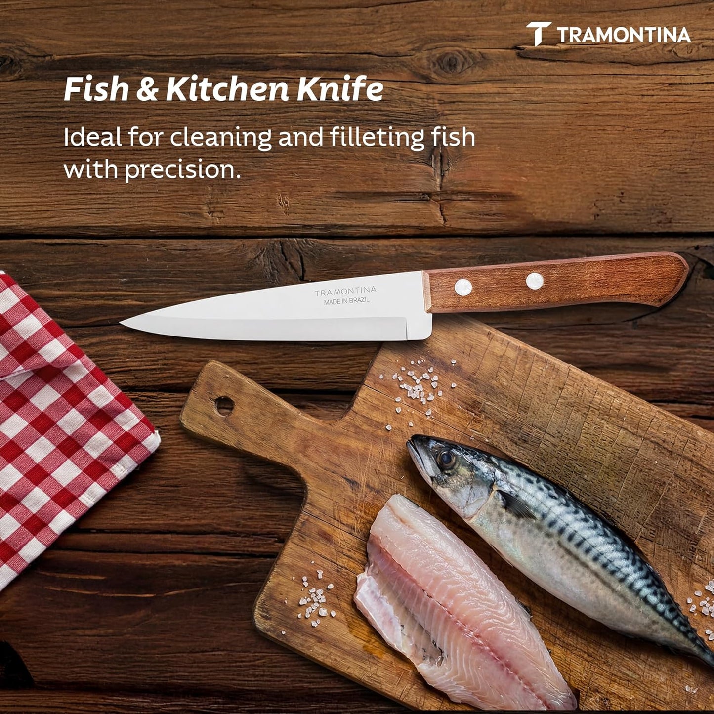 TRAMONTINA Dynamic 15cm Fish Knife | Stainless Steel Fillet & Utility Knife | Wooden Handle Kitchen Cutting Knife