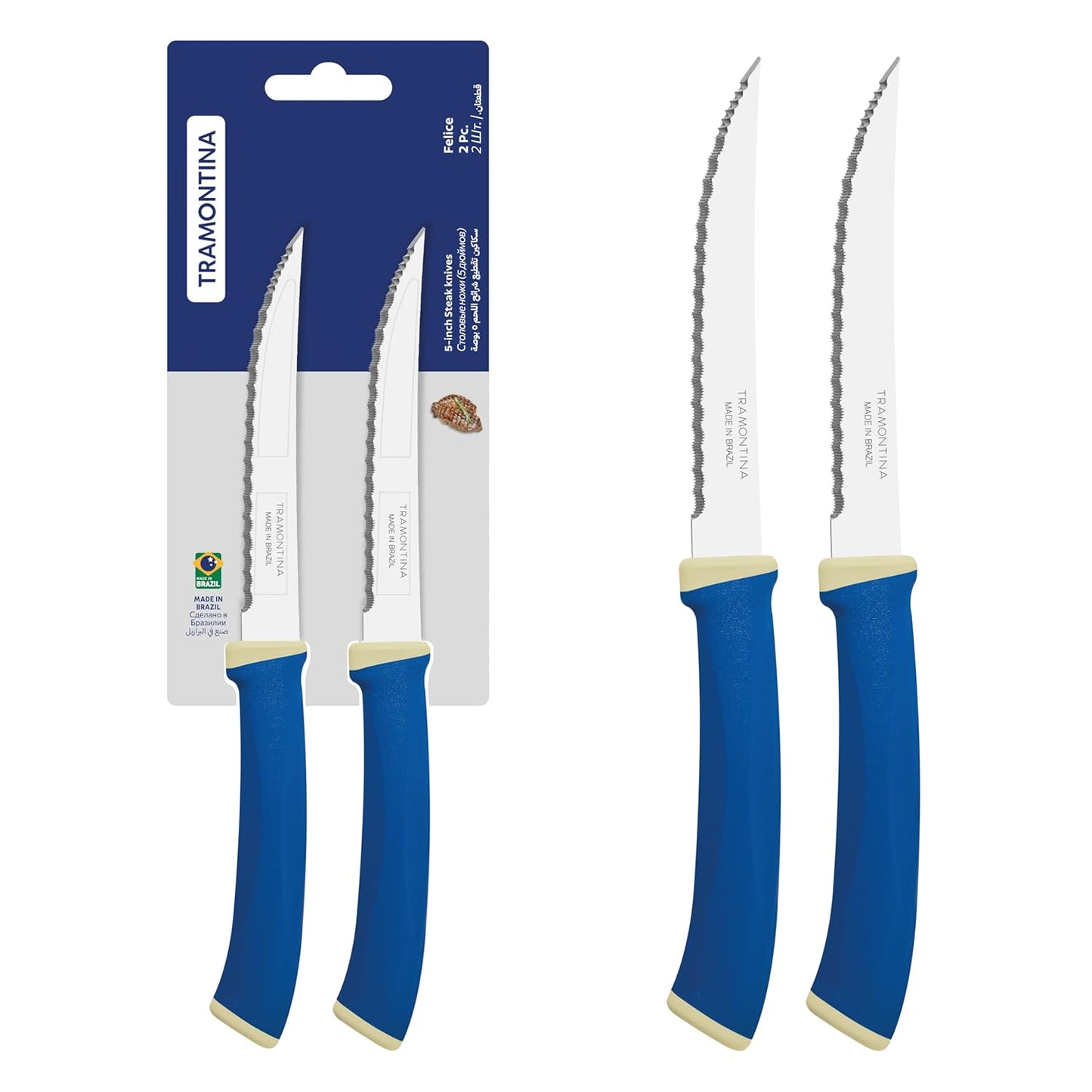 Tramontina Stainless Steel Micro Serrated Steak Knife Set of 2 | Blue Handle
