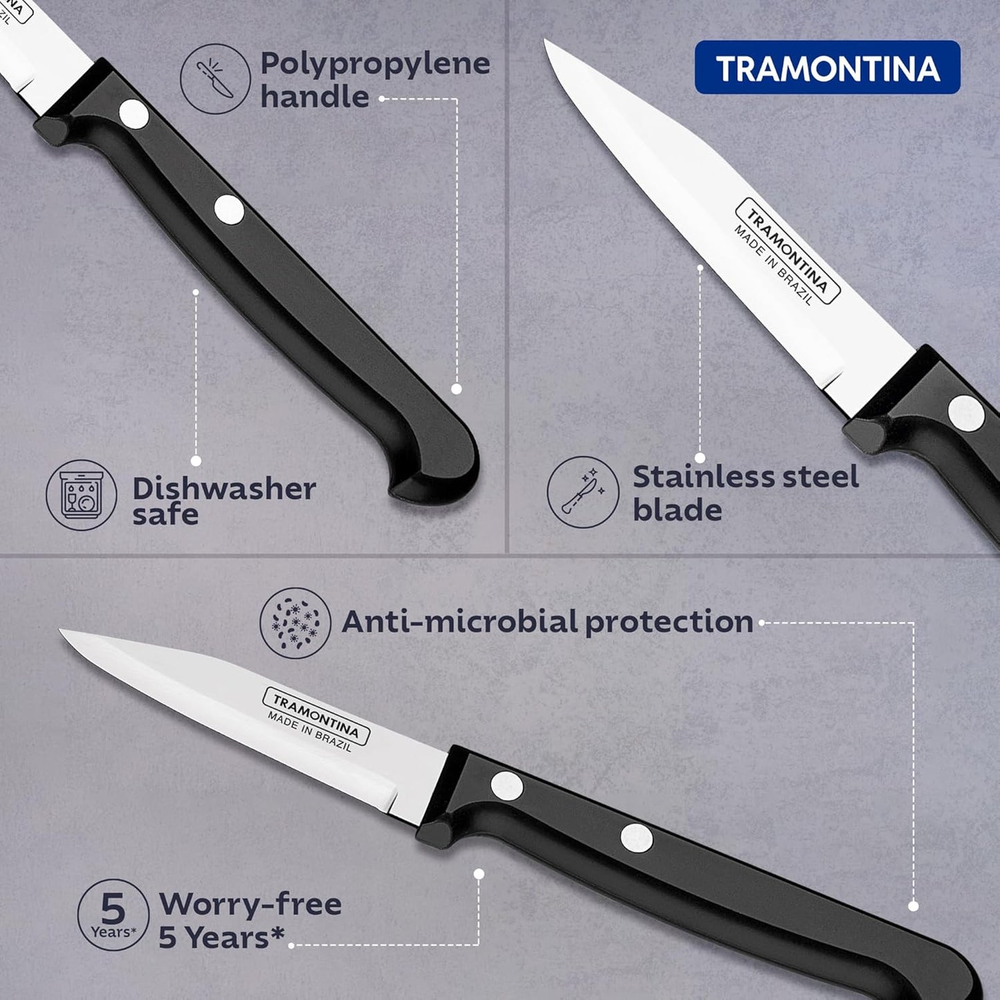 Tramontina Ultracorte 3-Inch Fruit & Vegetable Knife | Ultra Sharp Antimicrobial Blade with Comfortable Black Handle
