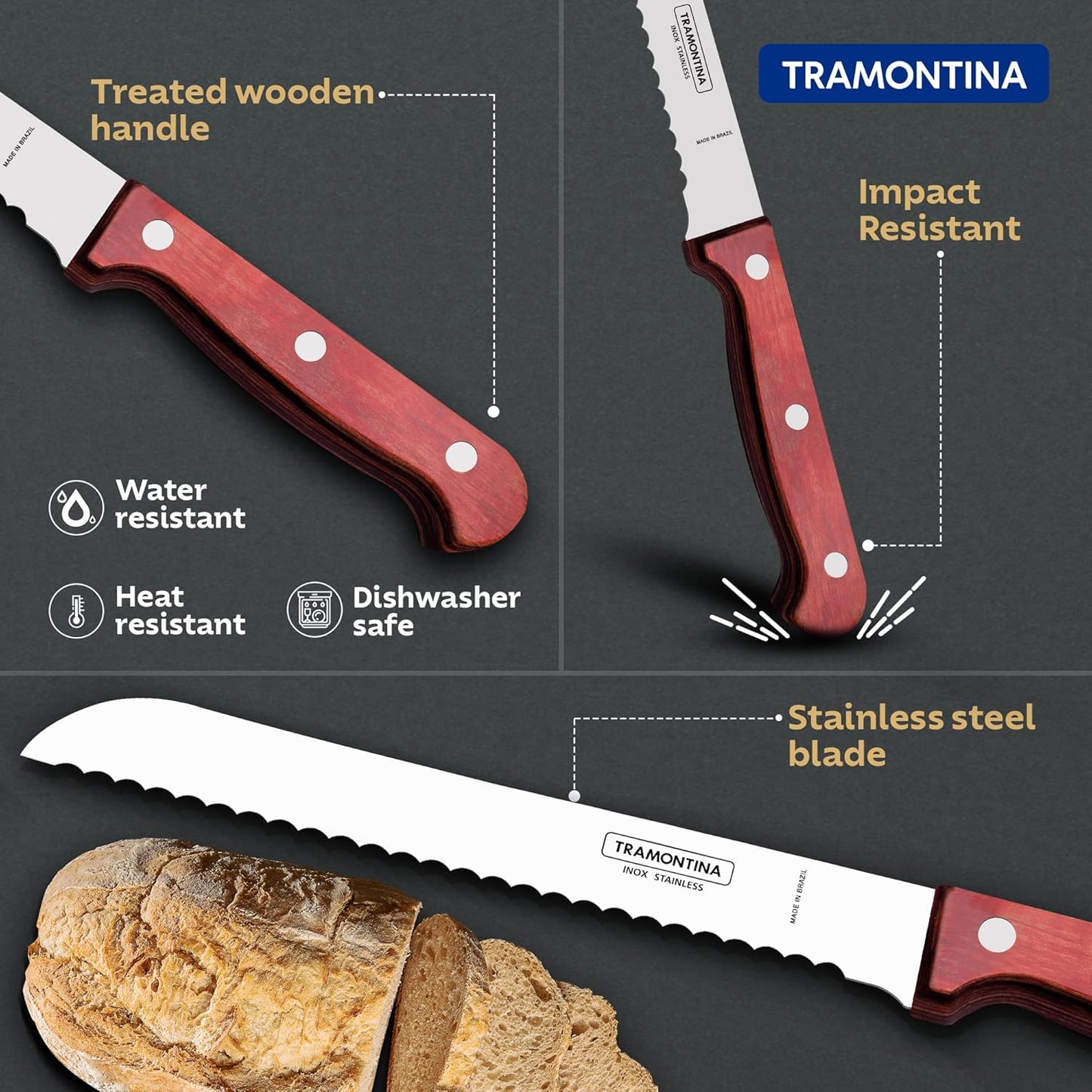 Tramontina Polywood 7 Inch Bread Knife | Serrated Stainless Steel Slicer | Wooden Handle Bakery & Cake Knife