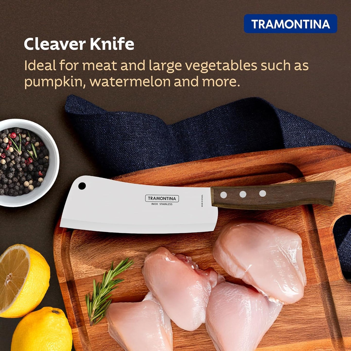 Tramontina Meat Cleaver 15cm | Heavy-Duty Stainless Steel Chopper Knife with Premium Wooden Handle for Kitchen & Butchery