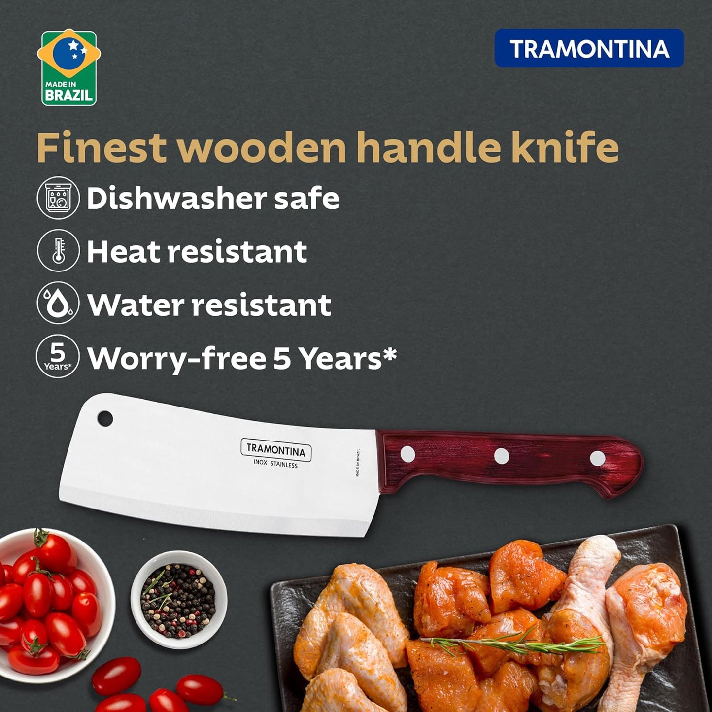 Tramontina Polywood 6 Inch Stainless Steel Cleaver Knife | Heavy Duty Meat & Bone Chopper | Wooden Handle Kitchen Cleaver