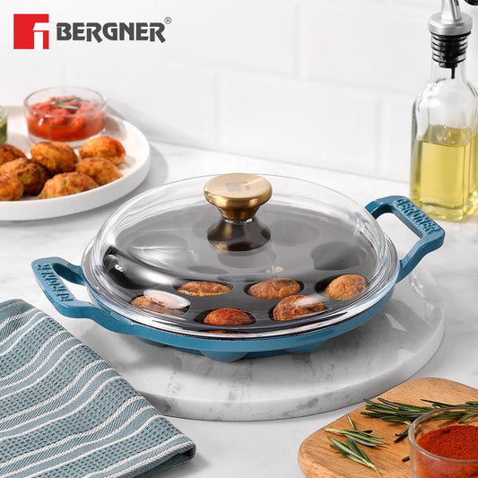 Bergner Excalibur 22cm Appam Pan with Lid | 12 Pits Cast Iron Paniyarakal Blue