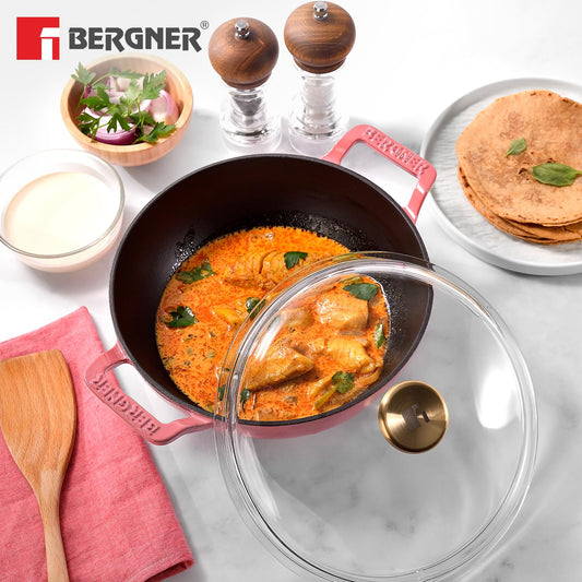 Bergner Excalibur 24cm Cast Iron Kadai with Lid | 2.5L Non-Stick Induction Kadhai Pink