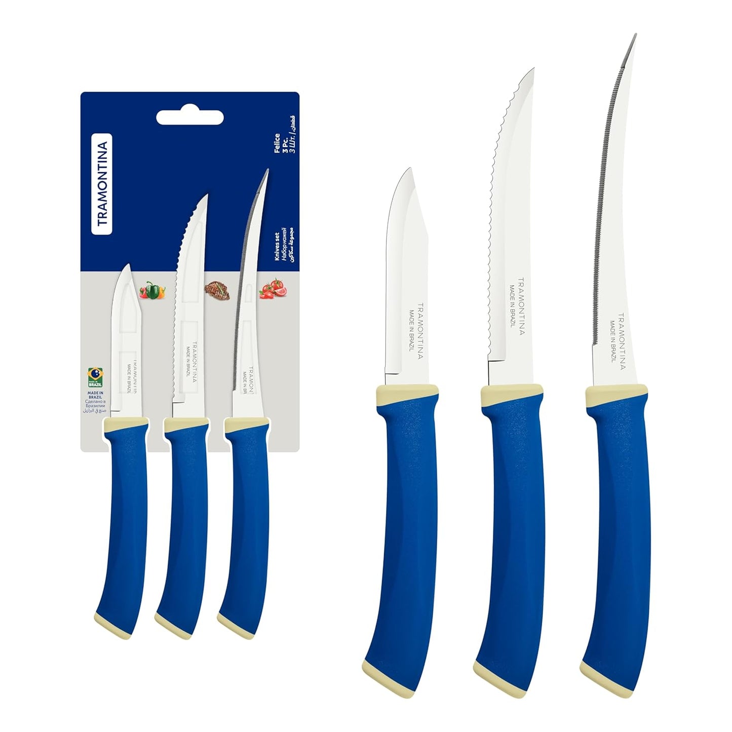 Tramontina Stainless Steel Kitchen Knife Set of 3 | Blue Handle Knives