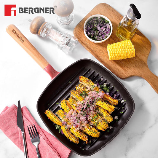 Bergner Excalibur 24cm Cast Iron Grill Pan | Non-Stick Square Grill Pink