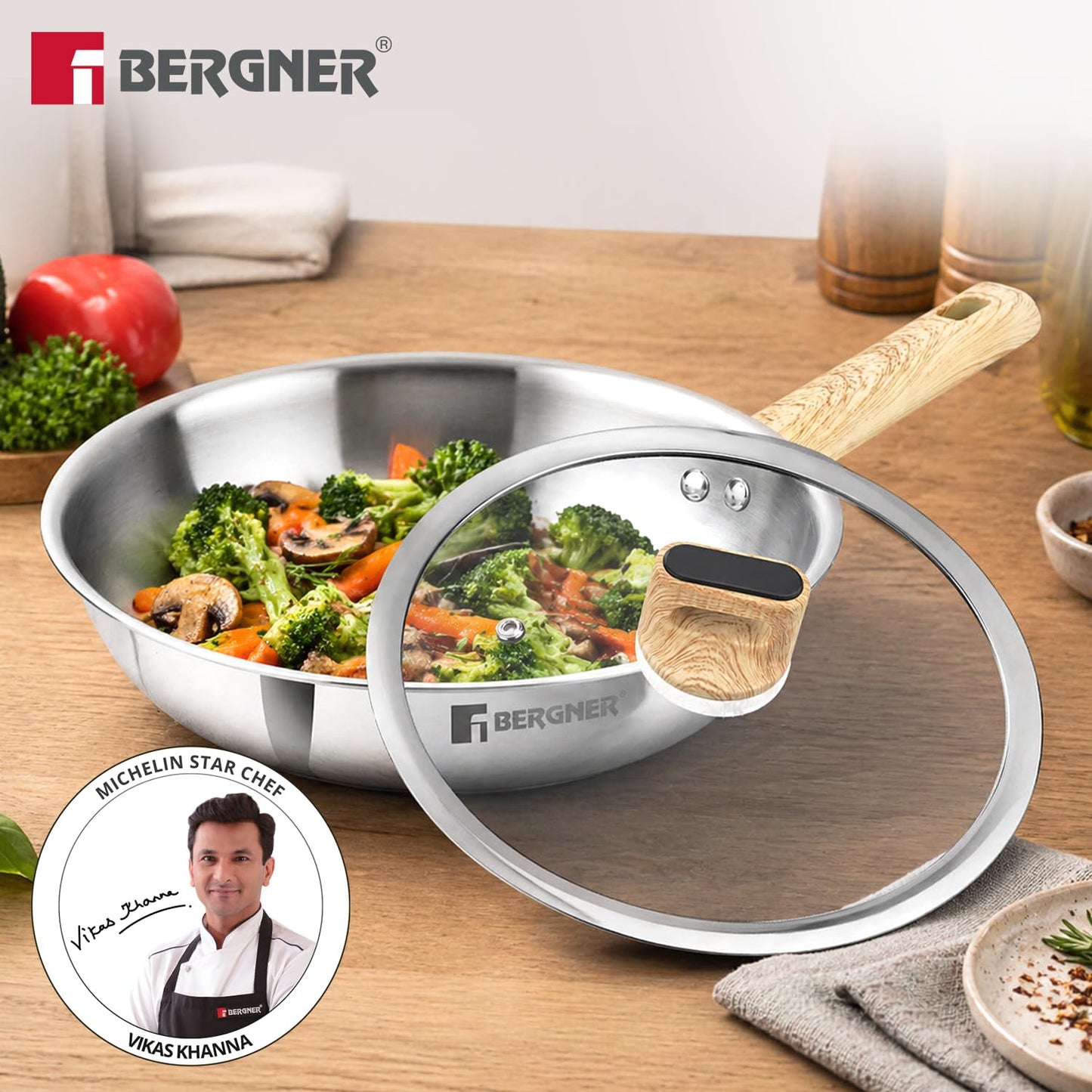 Bergner Tri-Oak Triply Stainless Steel Fry Pan 26cm with Lid | Induction & Gas Ready