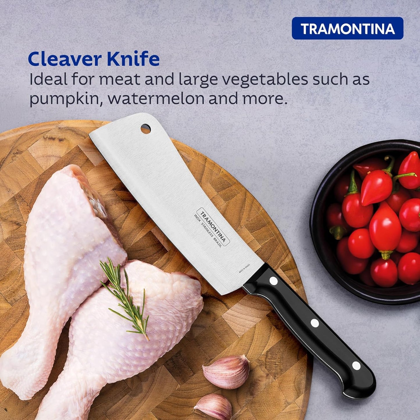 Tramontina 6-Inch Cleaver Knife | Ultra Sharp Stainless Steel Meat Chopper with Antimicrobial Black Handle
