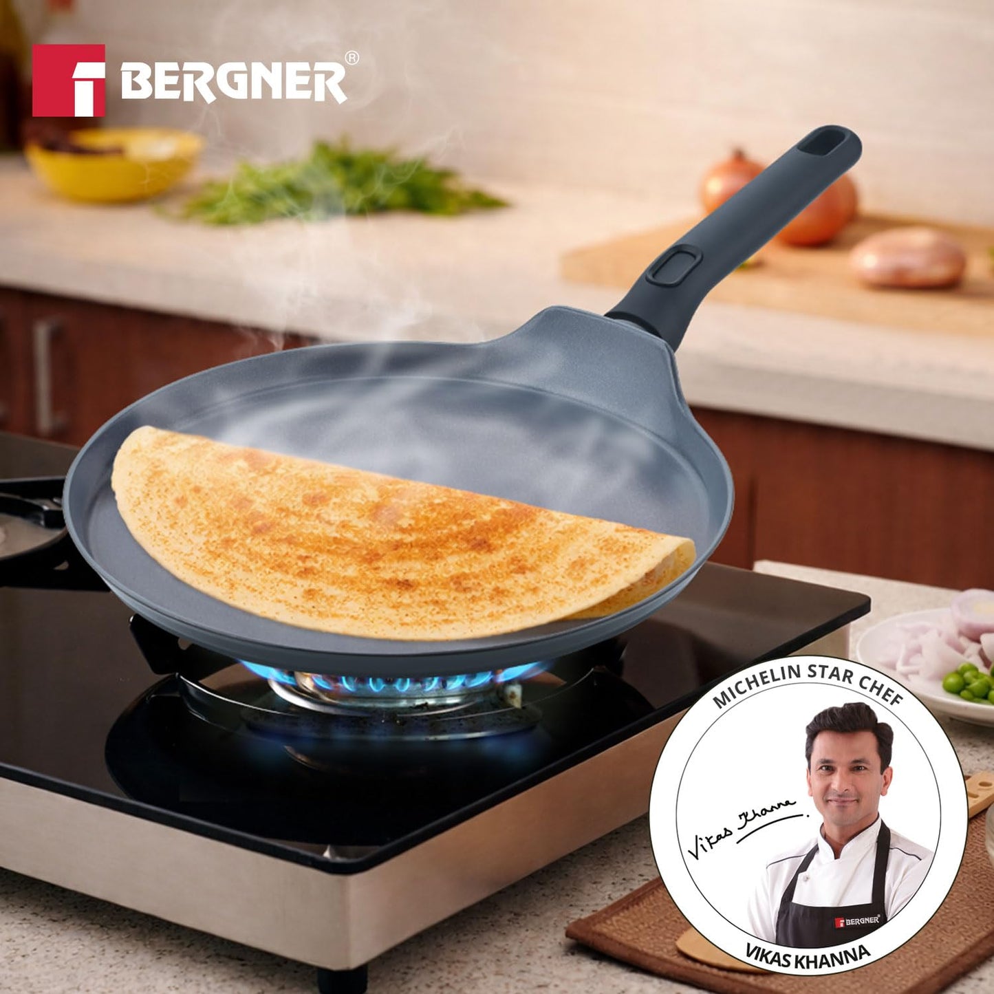 Bergner Jade 28cm Ceramic Non-Stick Dosa Tawa | Forged Aluminium | Induction Ready