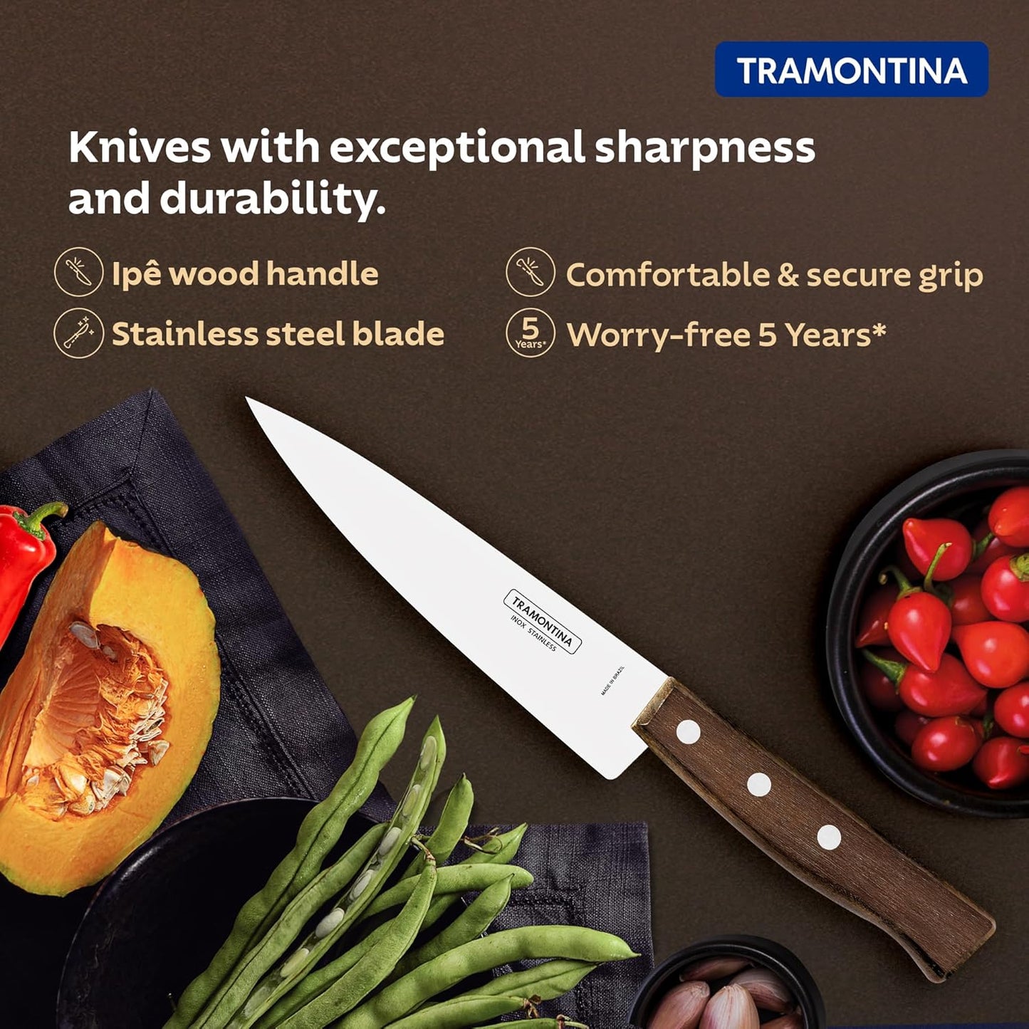 Tramontina 15cm Chef Knife | Premium Stainless Steel Cook’s Knife with Brazilian Wood Handle for Everyday Cooking