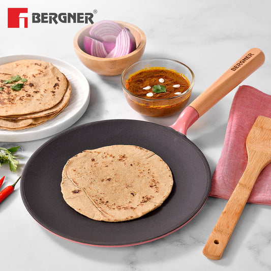 Bergner Excalibur 26cm Cast Iron Roti Tawa | PFAS-Free Non-Stick Pink