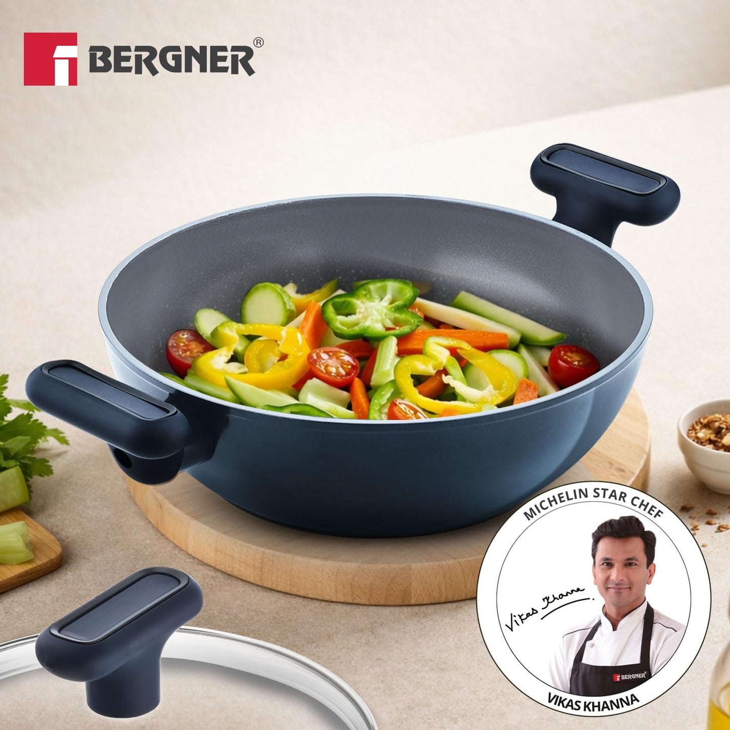 Bergner Jade Ceramic Non-Stick Kadai 20cm (1.2L) with Glass Lid | Forged Aluminium