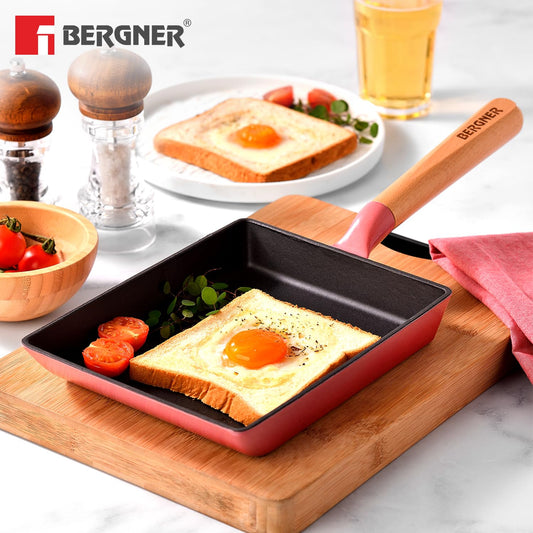 Bergner Excalibur 23x18cm Cast Iron Square Pan | Non-Stick Pink Grill Pan