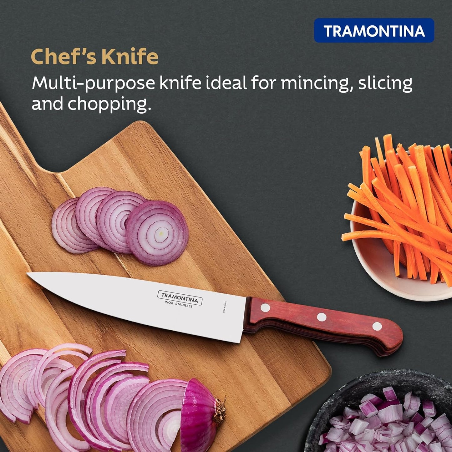 TRAMONTINA Polywood 6 Inch Chef Knife | Stainless Steel Cooking Knife | Wooden Handle Kitchen Knife
