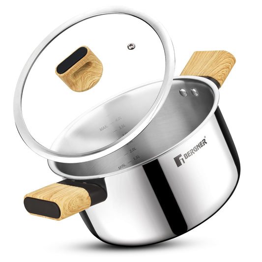 Bergner Tri-Oak Triply Stainless Steel Casserole 20cm (3.5L) with Glass Lid | Induction & Gas Compatible