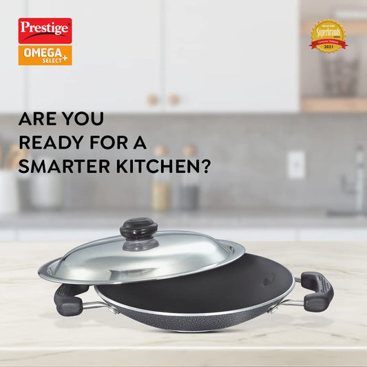 Prestige Omega Select Plus Aluminium Residue Free Non-Stick Appachetty with Lid, 20 cm, Black