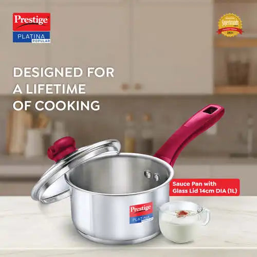 Prestige Platina Popular Stainless Steel Unique Impact Forged Bottom Sauce Pan with Glass Lid,
