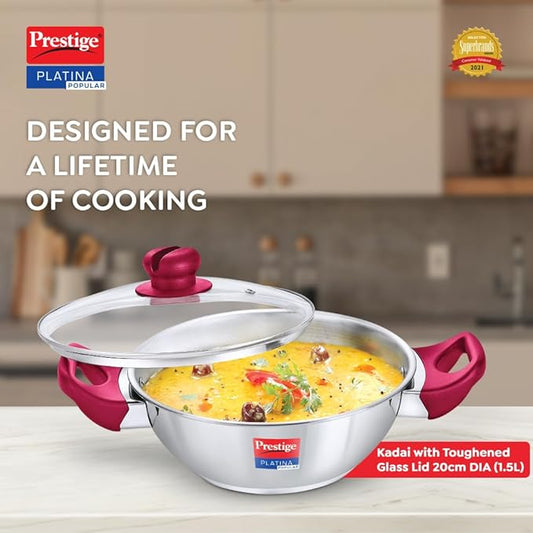 Prestige Platina Popular Stainless Steel Unique Impact Forged Bottom Kadai with Toughened Glass Lid(Silver)