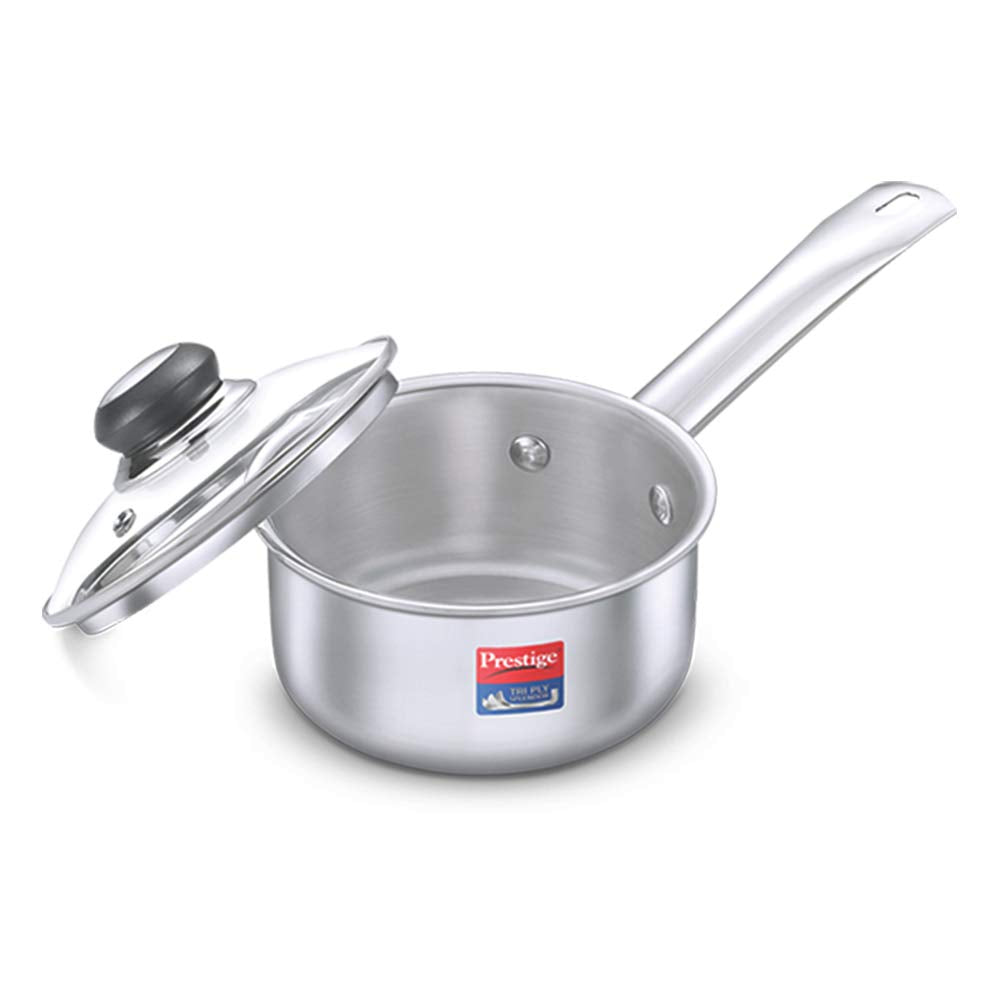 Prestige Tri-Ply Stainless Steel Splendor Sauce Pan with Glass Lid|Gas and Induction Compatible| Even Heat Distribution|Strong and Durable| Perma-Cool Handles
