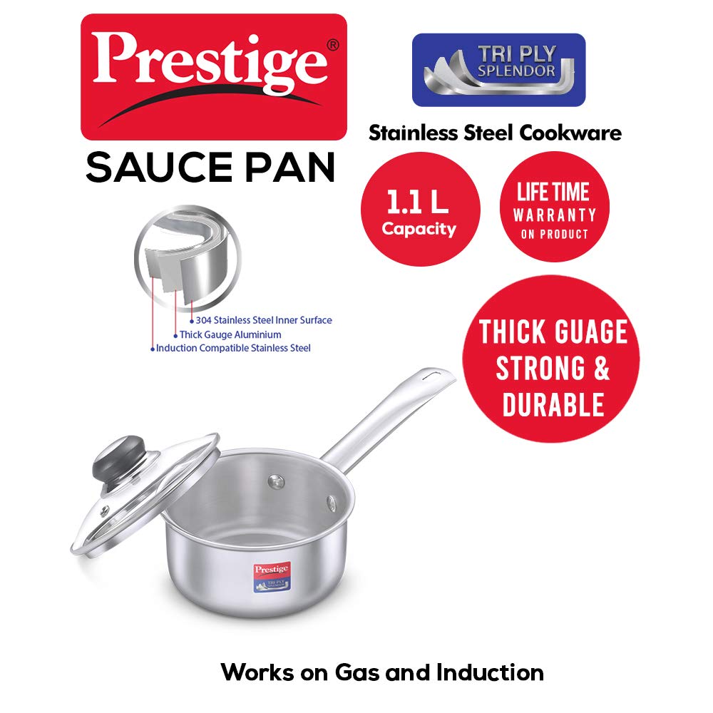 Prestige Tri-Ply Stainless Steel Splendor Sauce Pan with Glass Lid|Gas and Induction Compatible| Even Heat Distribution|Strong and Durable| Perma-Cool Handles