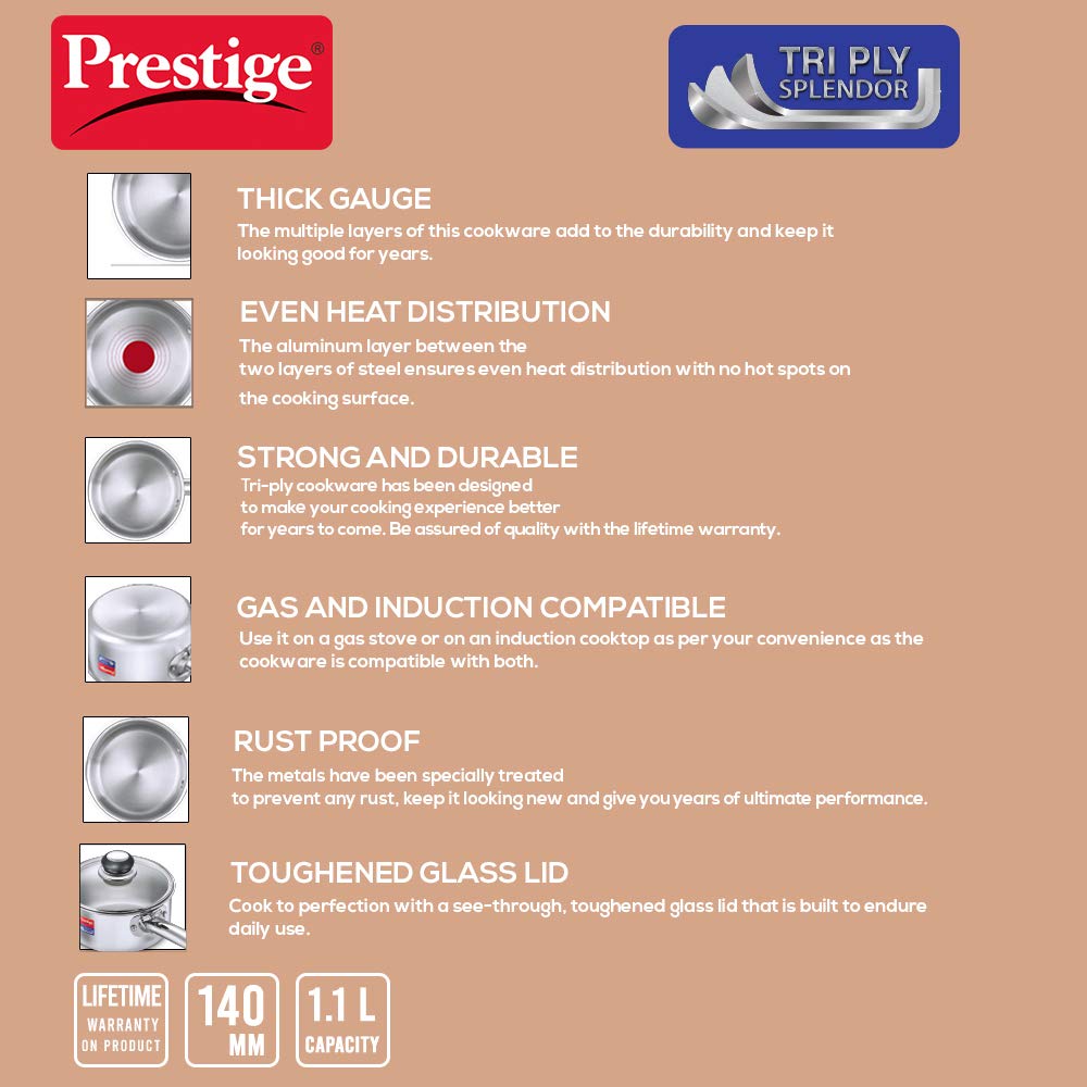 Prestige Tri-Ply Stainless Steel Splendor Sauce Pan with Glass Lid|Gas and Induction Compatible| Even Heat Distribution|Strong and Durable| Perma-Cool Handles