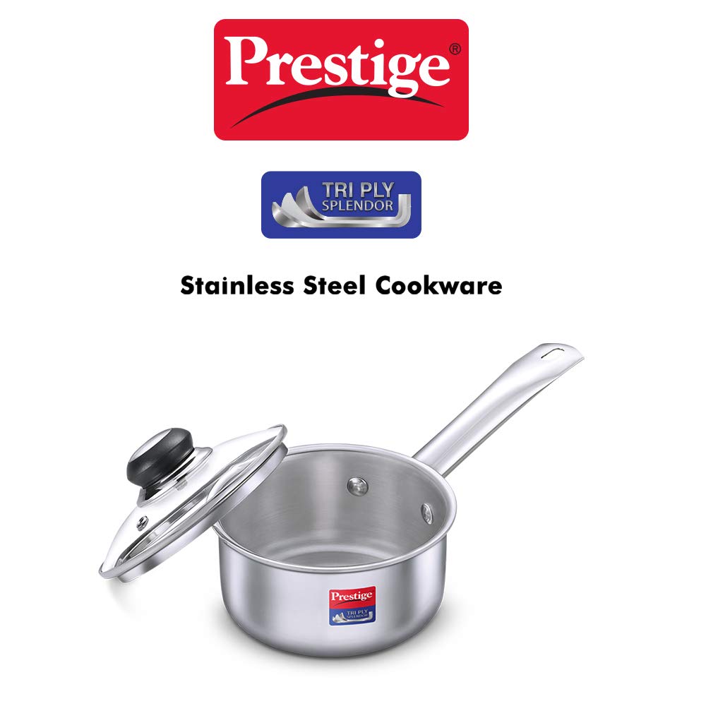 Prestige Tri-Ply Stainless Steel Splendor Sauce Pan with Glass Lid|Gas and Induction Compatible| Even Heat Distribution|Strong and Durable| Perma-Cool Handles