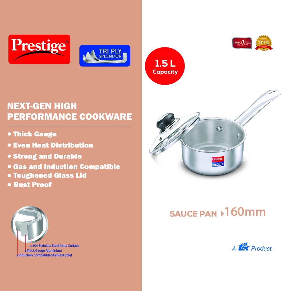 Prestige Tri-Ply Stainless Steel Splendor Sauce Pan with Glass Lid|Gas and Induction Compatible| Even Heat Distribution|Strong and Durable| Perma-Cool Handles