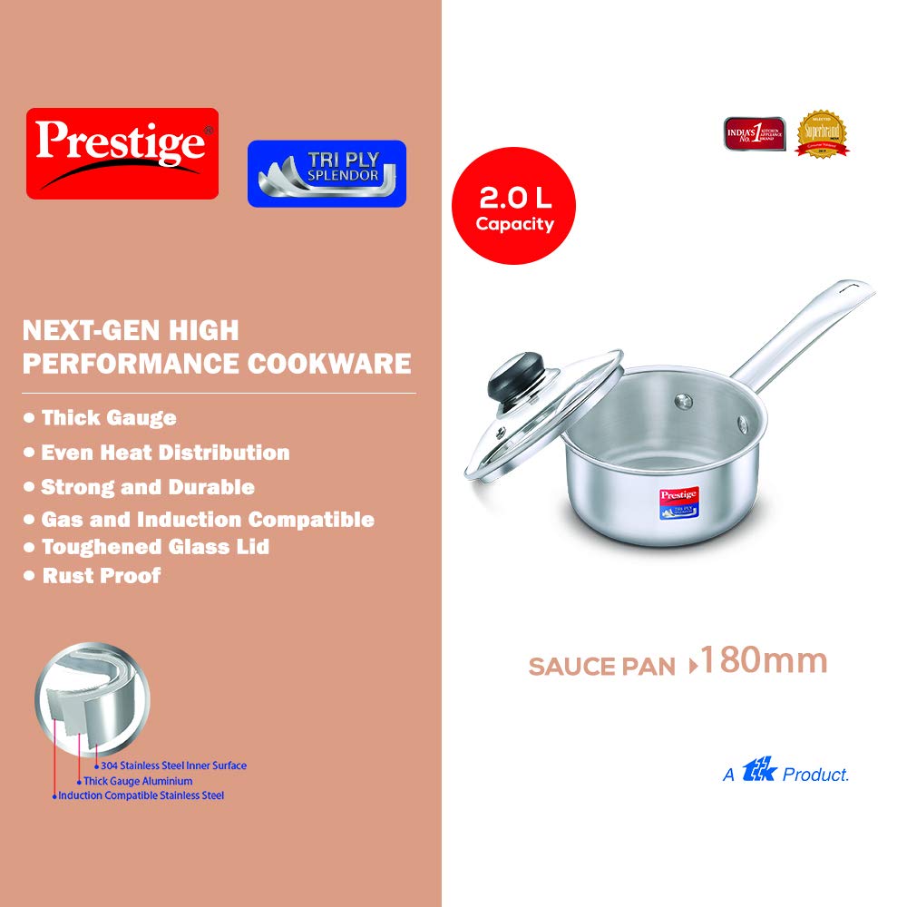Prestige Tri-Ply Stainless Steel Splendor Sauce Pan with Glass Lid|Gas and Induction Compatible| Even Heat Distribution|Strong and Durable| Perma-Cool Handles