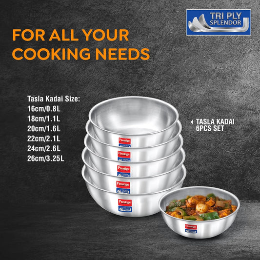 Prestige 6-Piece Tri-Ply Stainless Steel Tasla Kadai Set with Free Pakkad|Gas & Induction Compatible|Even Heat Distribution| Durable Rust-Proof Interior| Space Saving Design