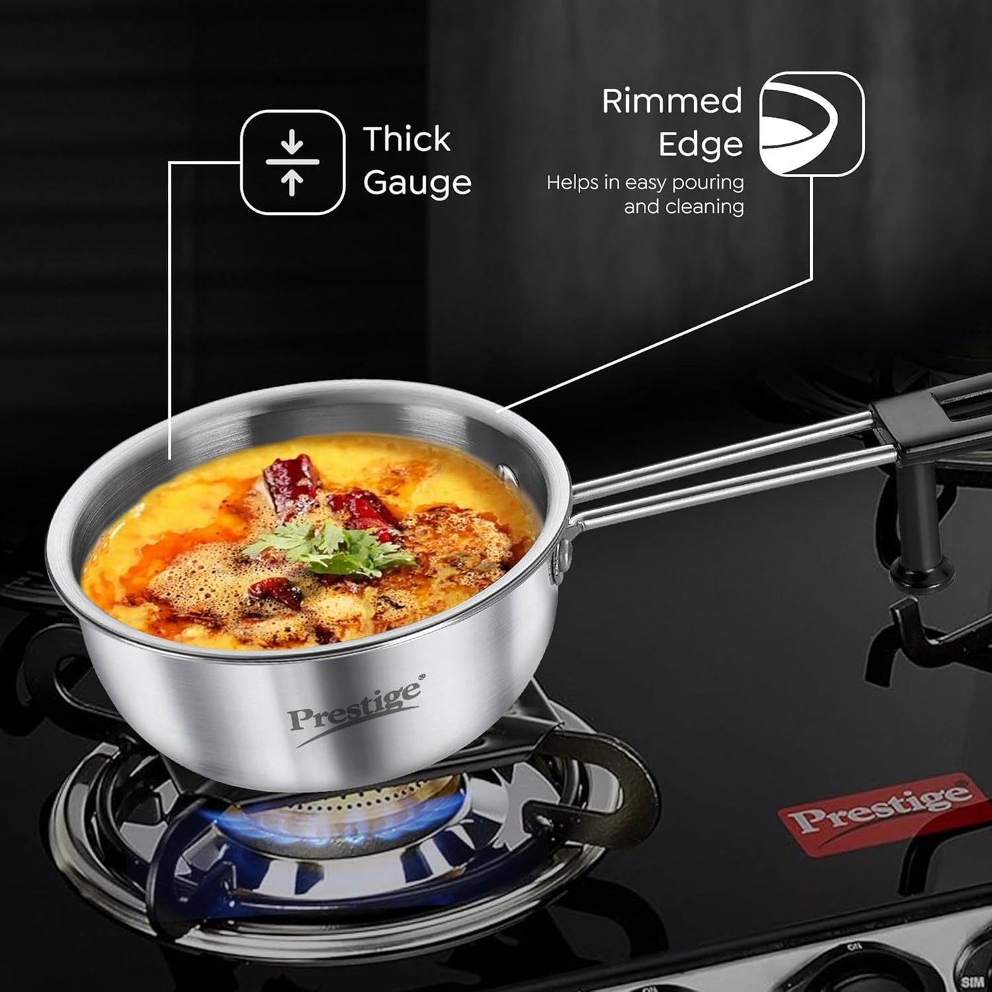 Prestige Tri-Ply Stainless Steel Splendor Tadka Pan| Gas & Induction Compatible| Rimmed Edge| in-Built Stand| Heat Resistance Handle| Thick Gauge