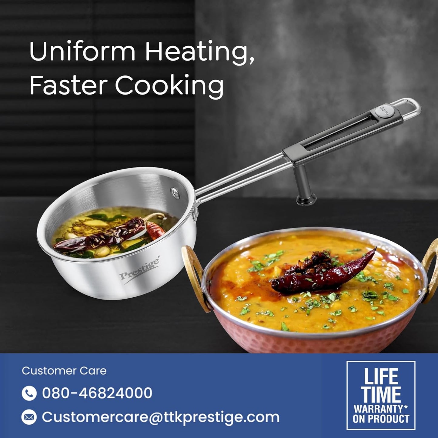 Prestige Tri-Ply Stainless Steel Splendor Tadka Pan| Gas & Induction Compatible| Rimmed Edge| in-Built Stand| Heat Resistance Handle| Thick Gauge