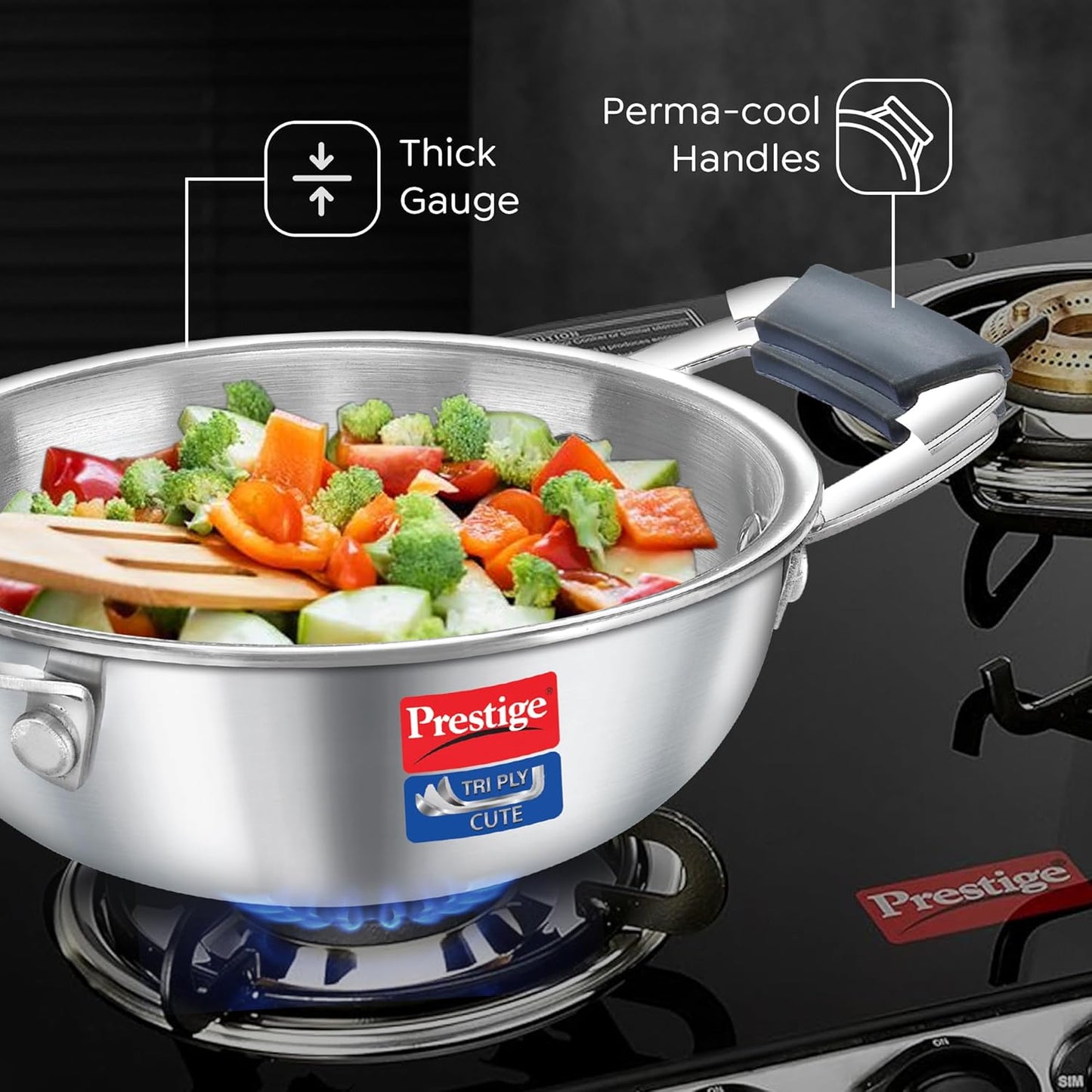 Prestige 12cm/400ml Tri-Ply Stainless Steel Cute Kadai|Gas & Induction Compatible| Even Heat Distribution|Perma-Cool Handles|Thick Gauge
