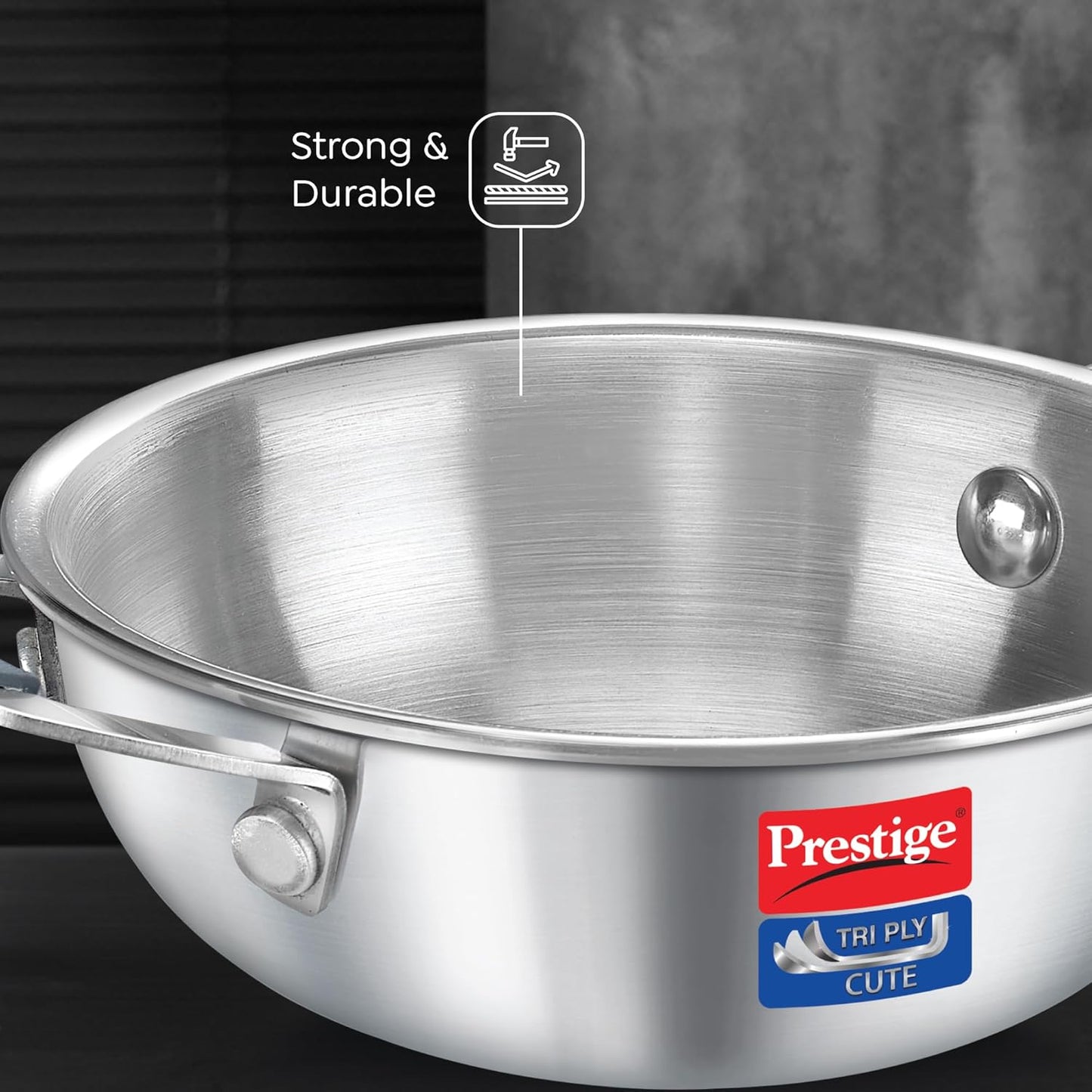 Prestige 12cm/400ml Tri-Ply Stainless Steel Cute Kadai|Gas & Induction Compatible| Even Heat Distribution|Perma-Cool Handles|Thick Gauge