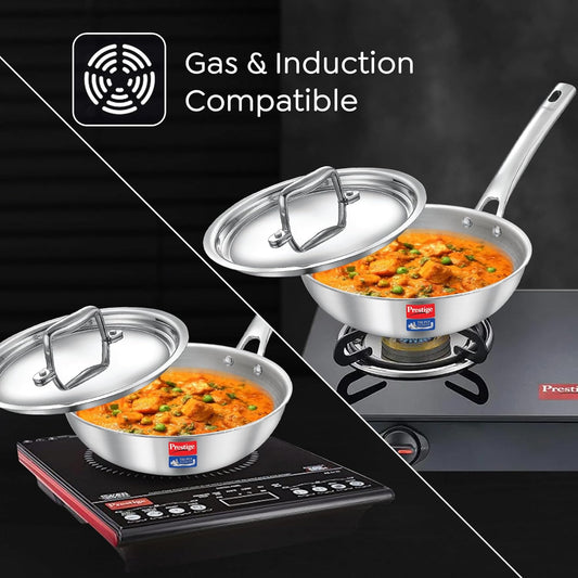 Prestige Splendid Tri-Ply Stainless Steel Fry Pan with Lid | Premium Cookware for Gas & Induction