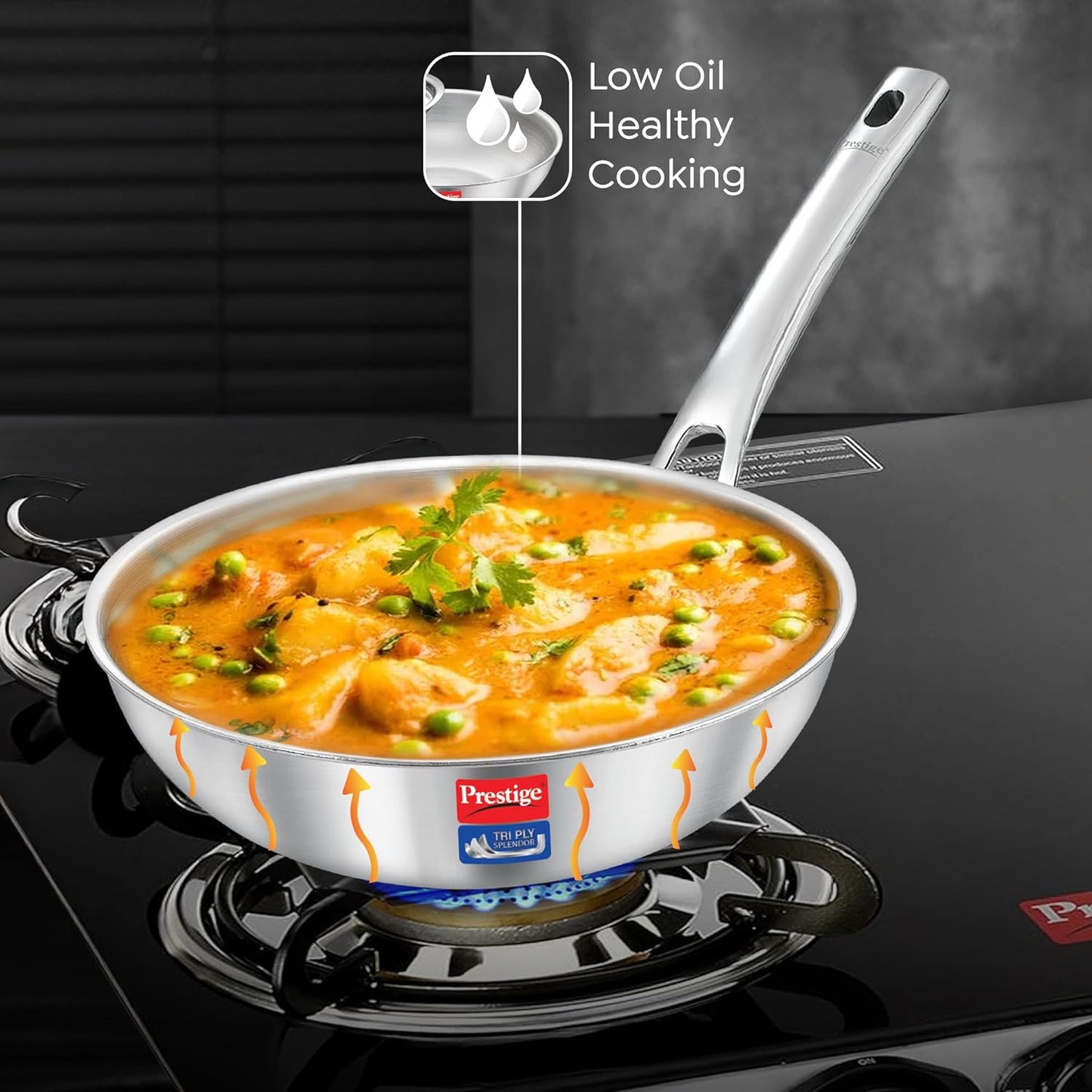 Prestige Tri-Ply Stainless Steel Splendid Fry Pan| Gas and Induction Compatible |Even Heat Distribution| Thick Gauge Tri-Ply Body| 15 Year Warranty