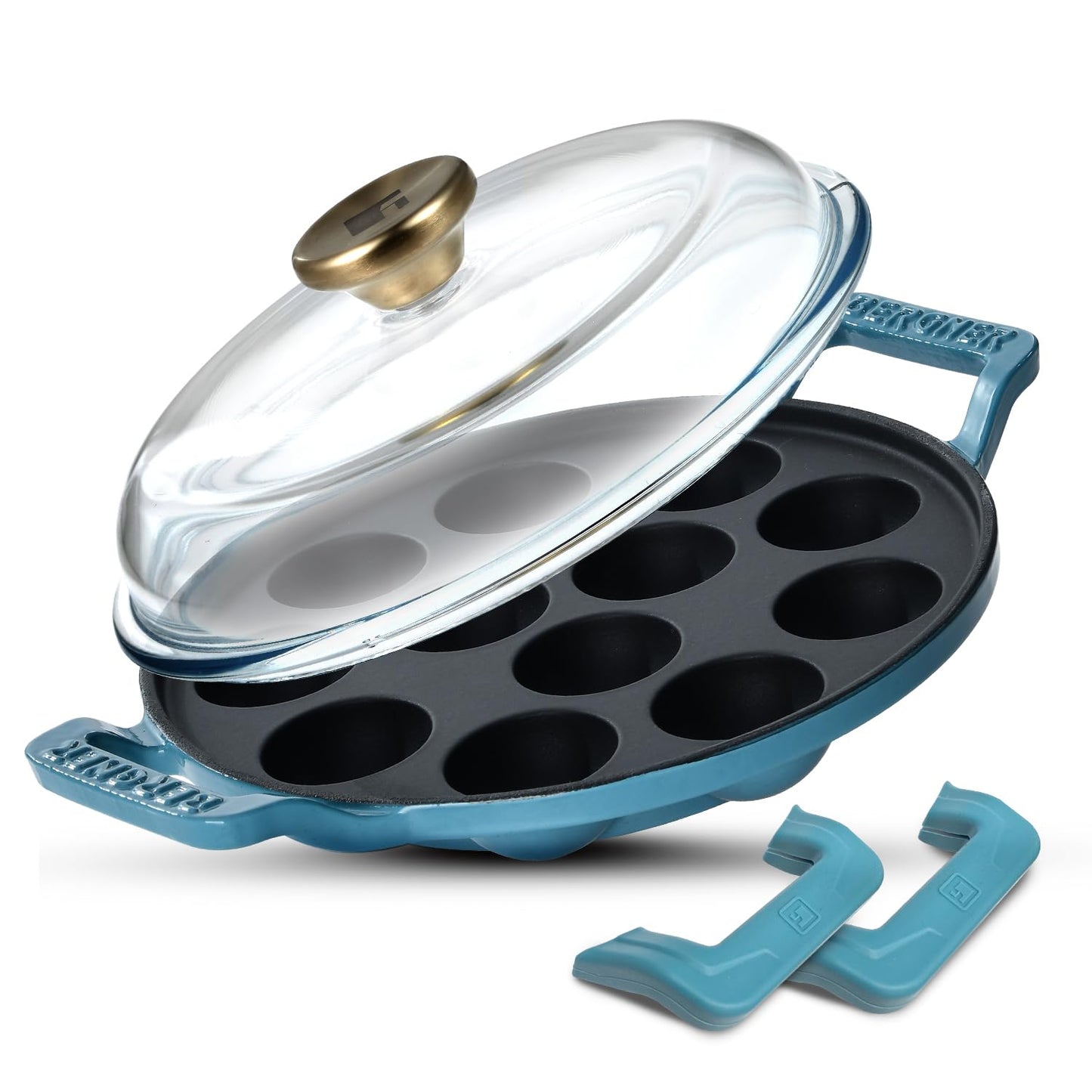Bergner Excalibur 22cm Appam Pan with Lid | 12 Pits Cast Iron Paniyarakal Blue
