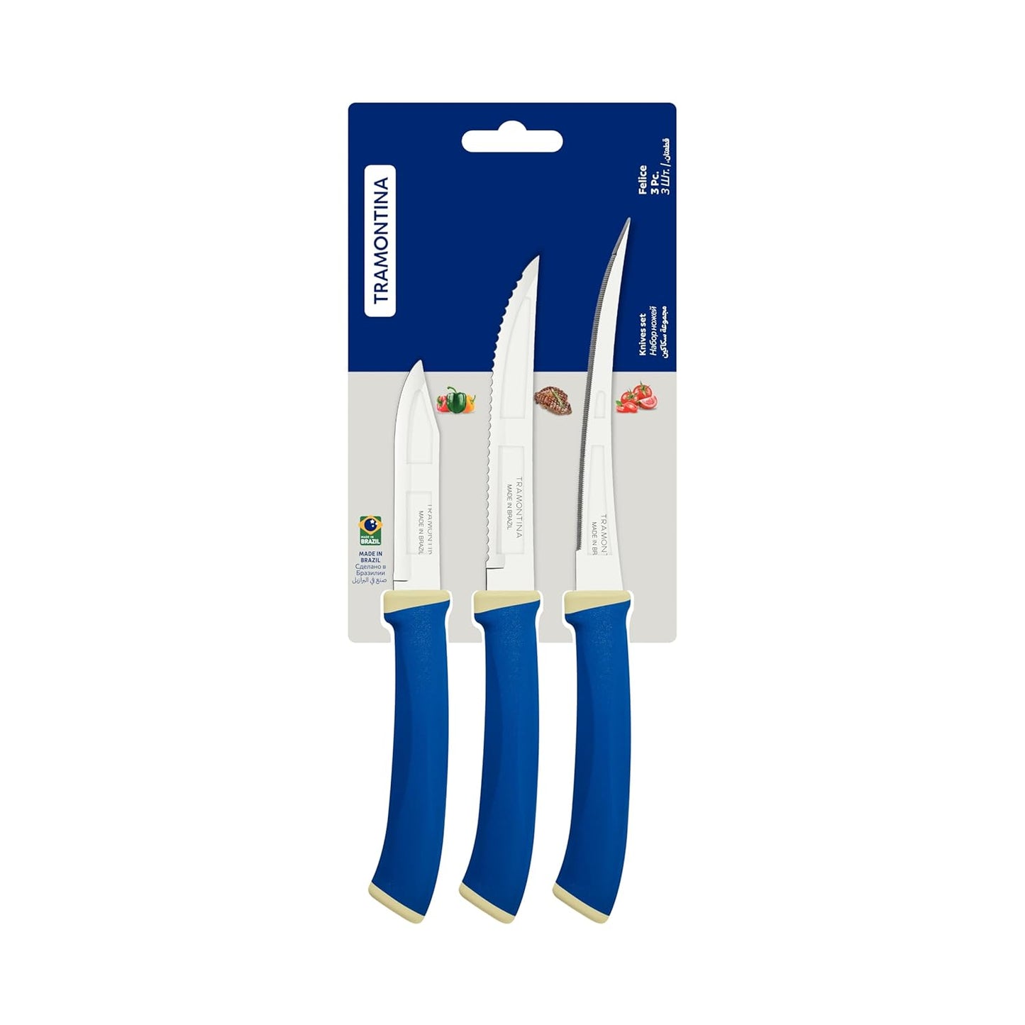 Tramontina Stainless Steel Kitchen Knife Set of 3 | Blue Handle Knives