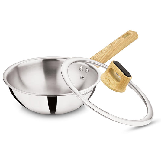 Bergner Tri-Oak Triply Stainless Steel Wok 20cm (1.5L) with Glass Lid & Wooden Handle