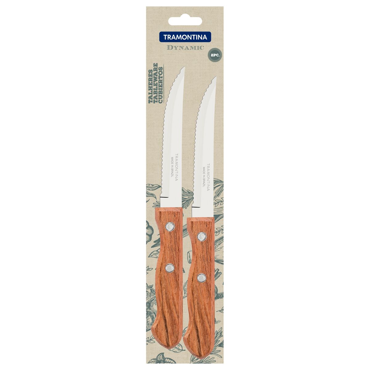 Tramontina Dynamic 2-Piece Steak & Fruit Knife Set | Stainless Steel Table Knives with Natural Wooden Handles