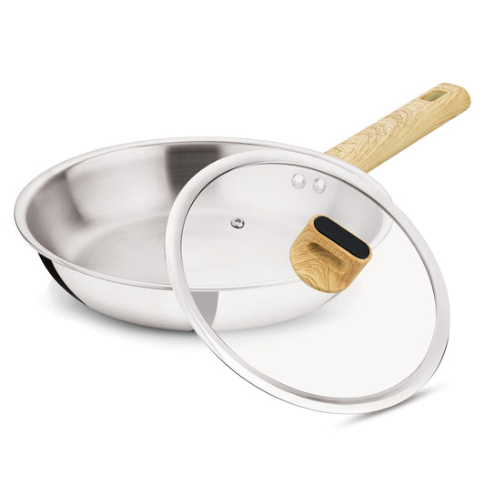 Bergner Tri-Oak 24cm Triply Stainless Steel Fry Pan with Glass Lid & Wooden Handle