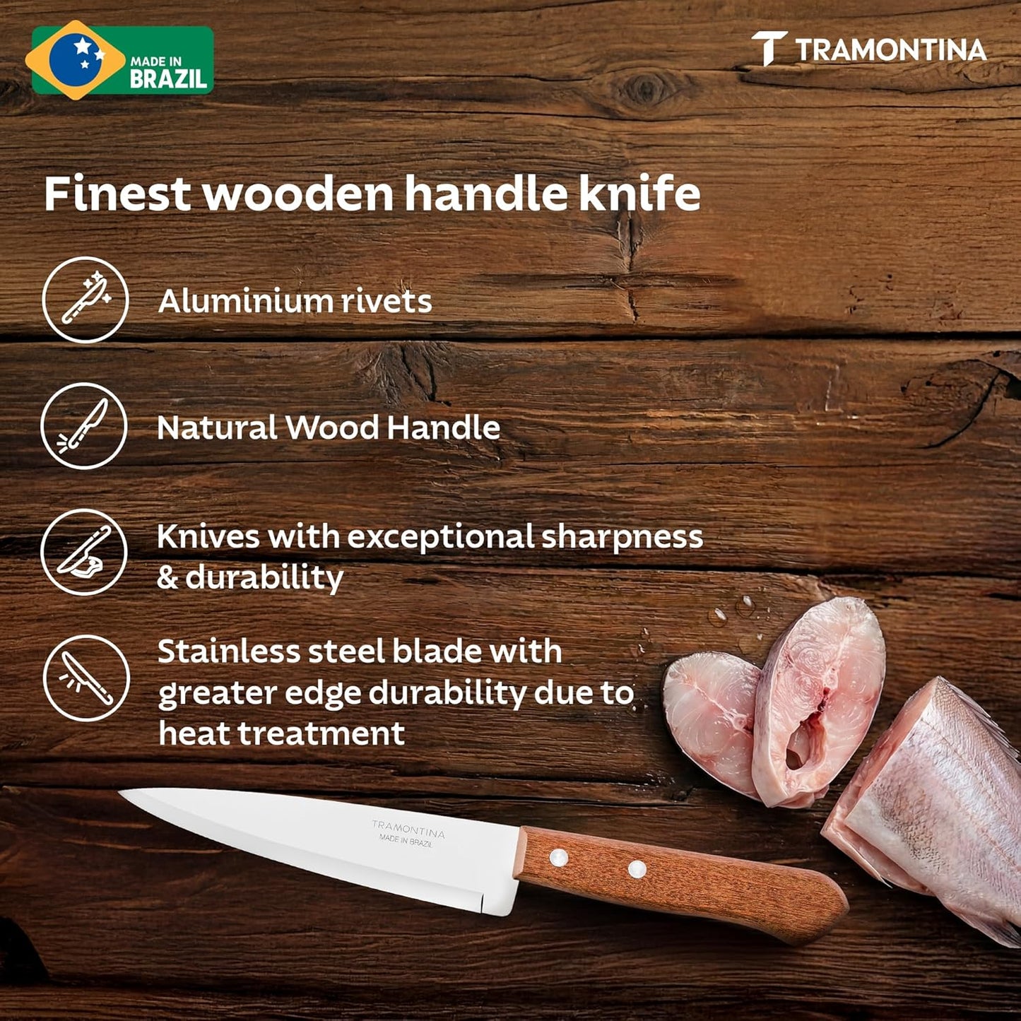 TRAMONTINA Dynamic 15cm Fish Knife | Stainless Steel Fillet & Utility Knife | Wooden Handle Kitchen Cutting Knife