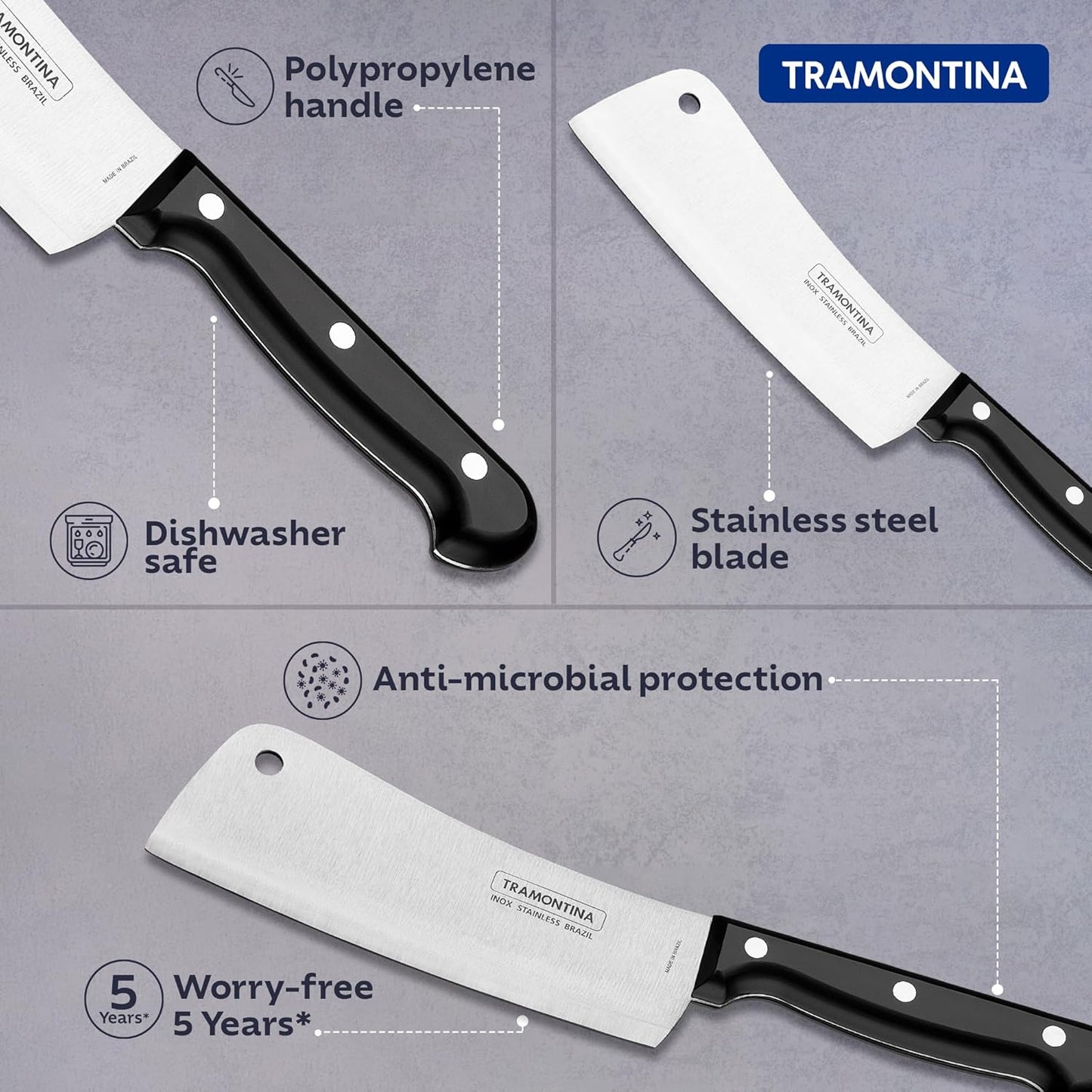 Tramontina 6-Inch Cleaver Knife | Ultra Sharp Stainless Steel Meat Chopper with Antimicrobial Black Handle