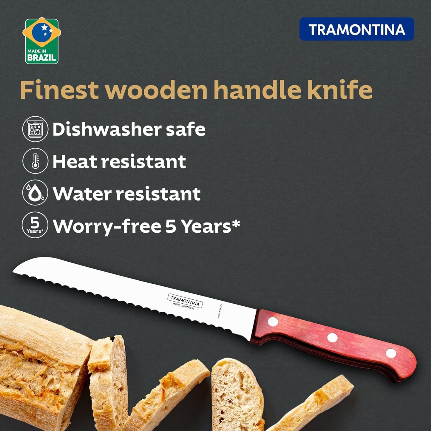 Tramontina Polywood 7 Inch Bread Knife | Serrated Stainless Steel Slicer | Wooden Handle Bakery & Cake Knife